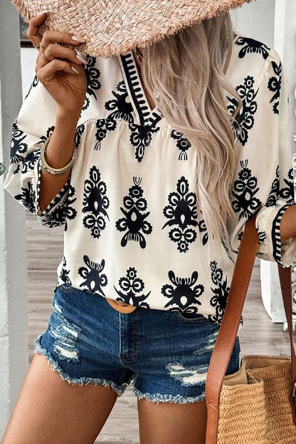 Beige Vintage Bluse mit 3/4-Ärmeln und V-Ausschnitt und geometrischem Muster