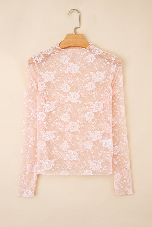 Apricot Pink Sheer Floral Lace Mesh Mock Neck Long Sleeve Top