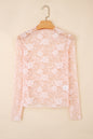 Apricot Pink Sheer Floral Lace Mesh Mock Neck Long Sleeve Top