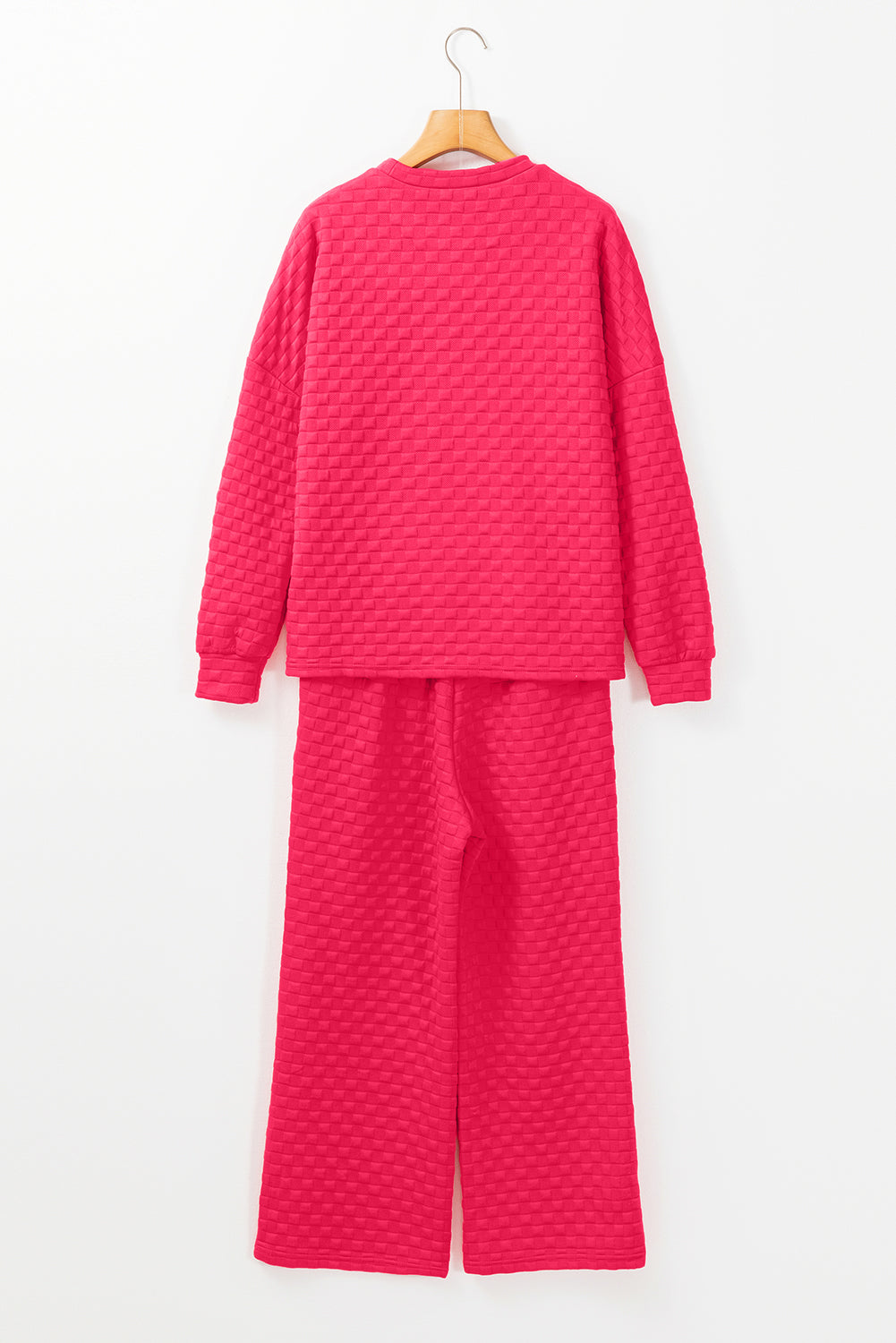 Erdbeerrosa kariertes, strukturiertes Pullover-Oberteil und Hose-Set mit Schlitz