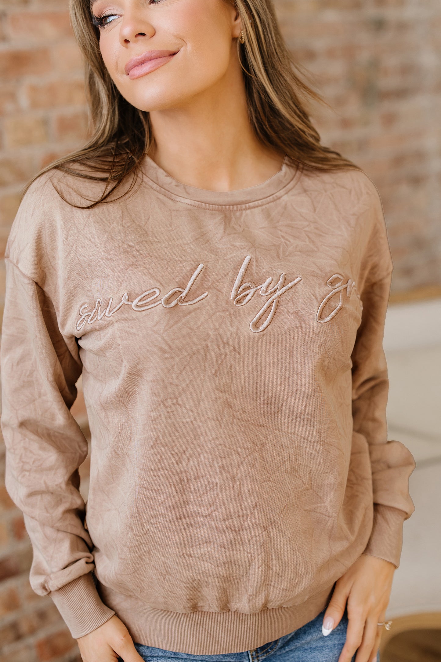 DUNE saved by grace Letter Embroidery Mineral Wash Loose Sweatshirt