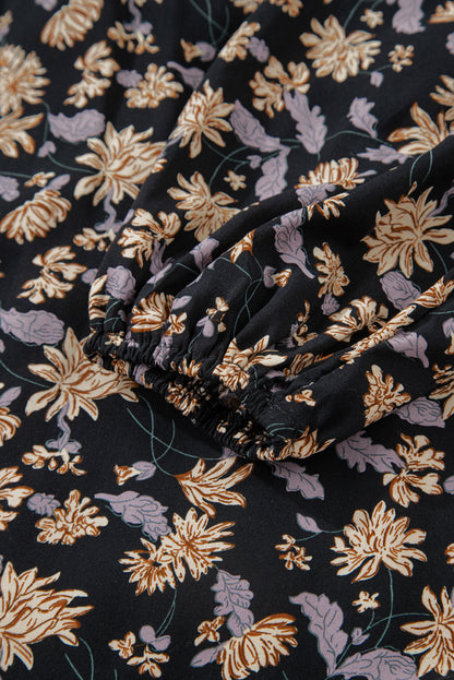 Black Floral Deep V Neck Smocked Bust Bubble Sleeve Babydoll Dress