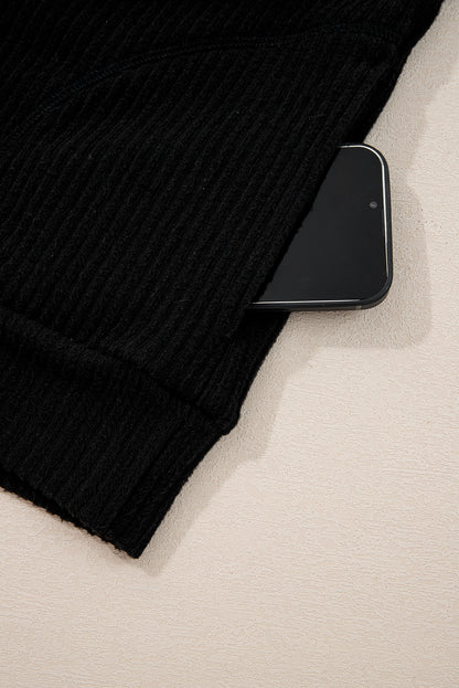 Black Ribbed Zip Stand Neck Drop Shoulder Pullover Bodycon Skirt 2pcs Set