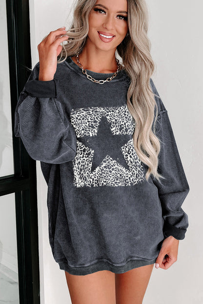 Graues Sweatshirt mit Kordelzug und Leoparden-Stern-Grafik