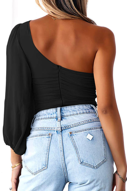 Schwarzes Langarm-Top mit One-Shoulder-Träger aus Netzstoff