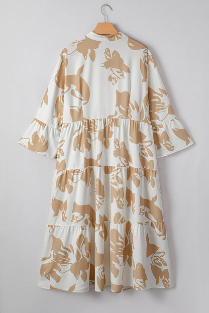 Khaki Patterned Ruffled Sleeve Half Placket Tiered A-line Plus Size Long Dress