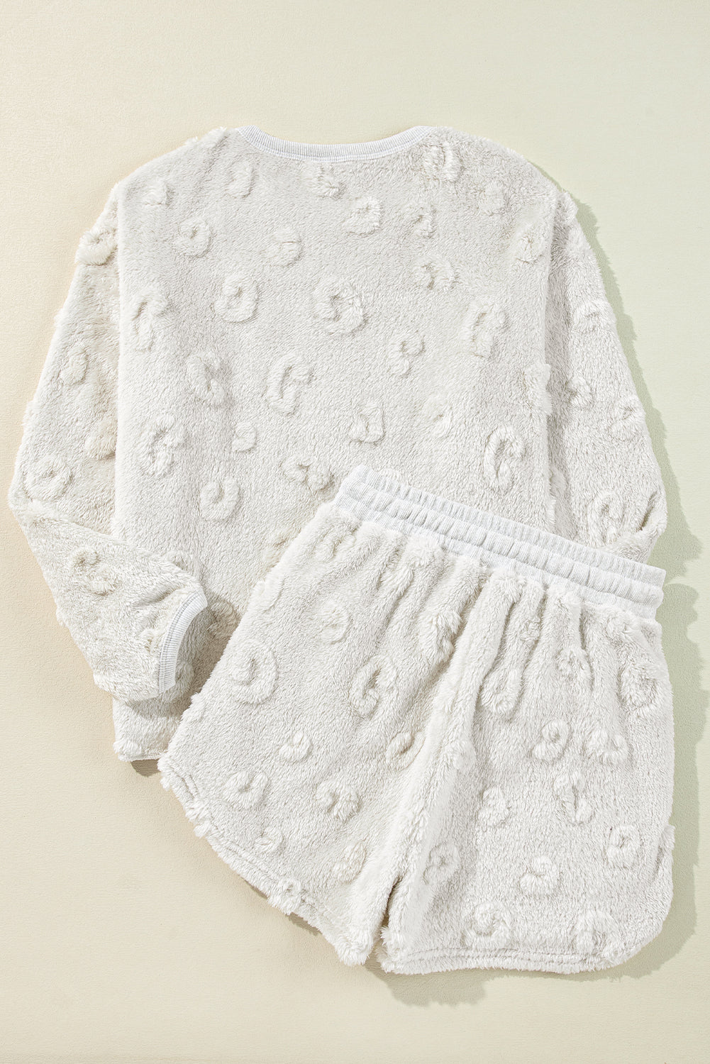 Hellgraues, strukturiertes, lockeres, zweiteiliges Lounge-Set aus Fleece mit Leopardenmuster