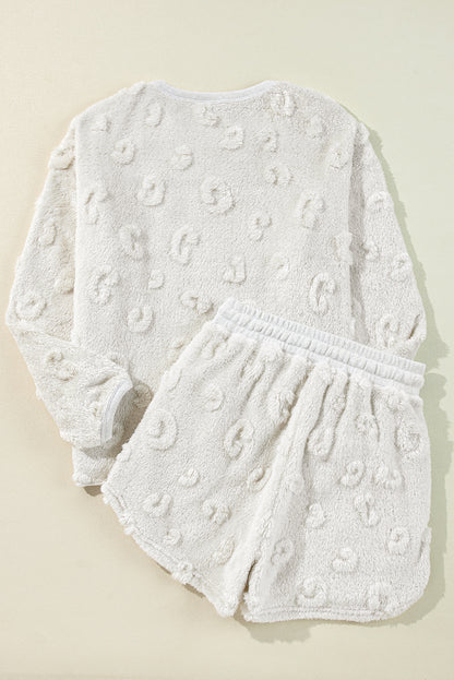 Hellgraues, strukturiertes, lockeres, zweiteiliges Lounge-Set aus Fleece mit Leopardenmuster