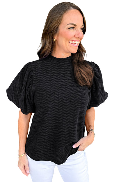 Schwarze Bluse mit Stehkragen und Puffärmeln