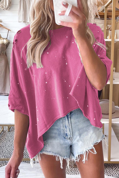Rosa, gebleichtes Top mit asymmetrischem Saum im Used-Look und kurzen Ärmeln
