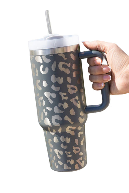 Tragbarer Becher aus Edelstahl mit Henkel, grau, Leopardenmuster, 40 oz