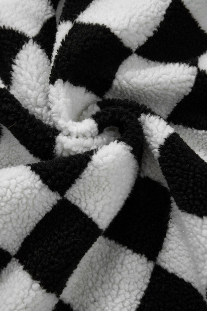 Schwarze, karierte Fleecejacke mit Seitentaschen, Kragen und Knöpfen