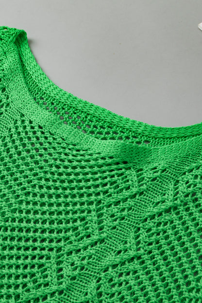 Grünes, kurzärmliges Pointelle-Stricktop mit Muschelsaum