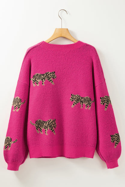Rosaroter, lässiger Strickpullover mit wildem Tiermuster