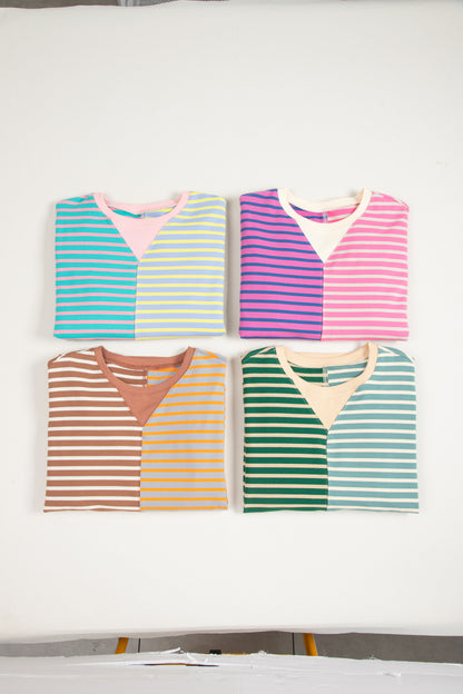 Grün gestreiftes, lässiges, gestreiftes Colorblock-Sweatshirt mit überschnittener Schulter