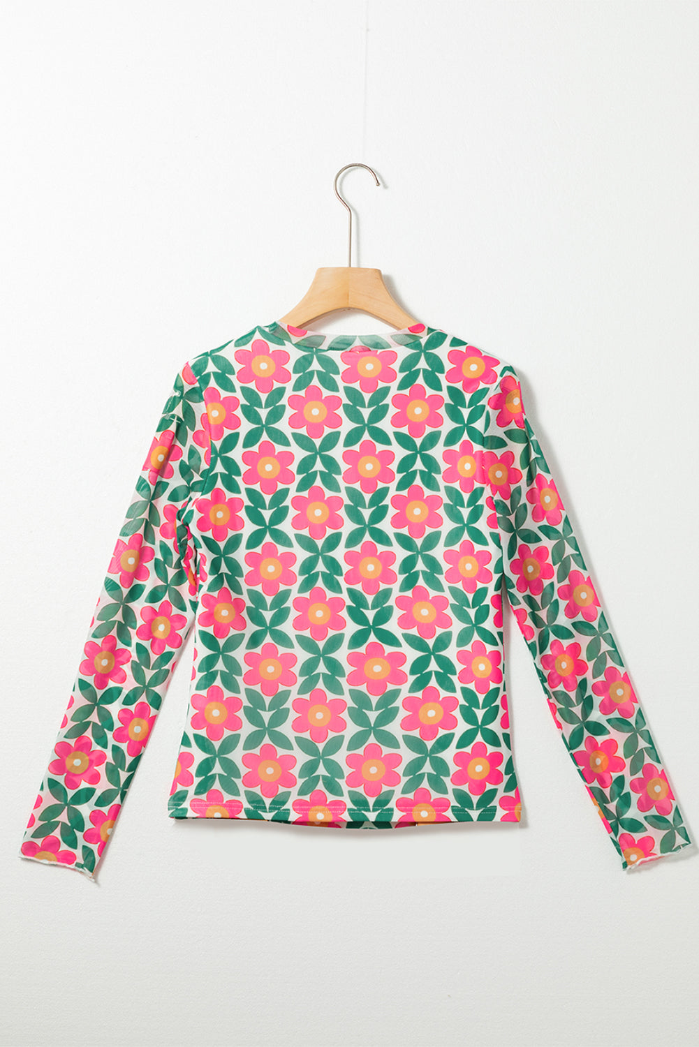 Feurig rotes, dehnbares Langarm-Top mit Retro-Blumendruck