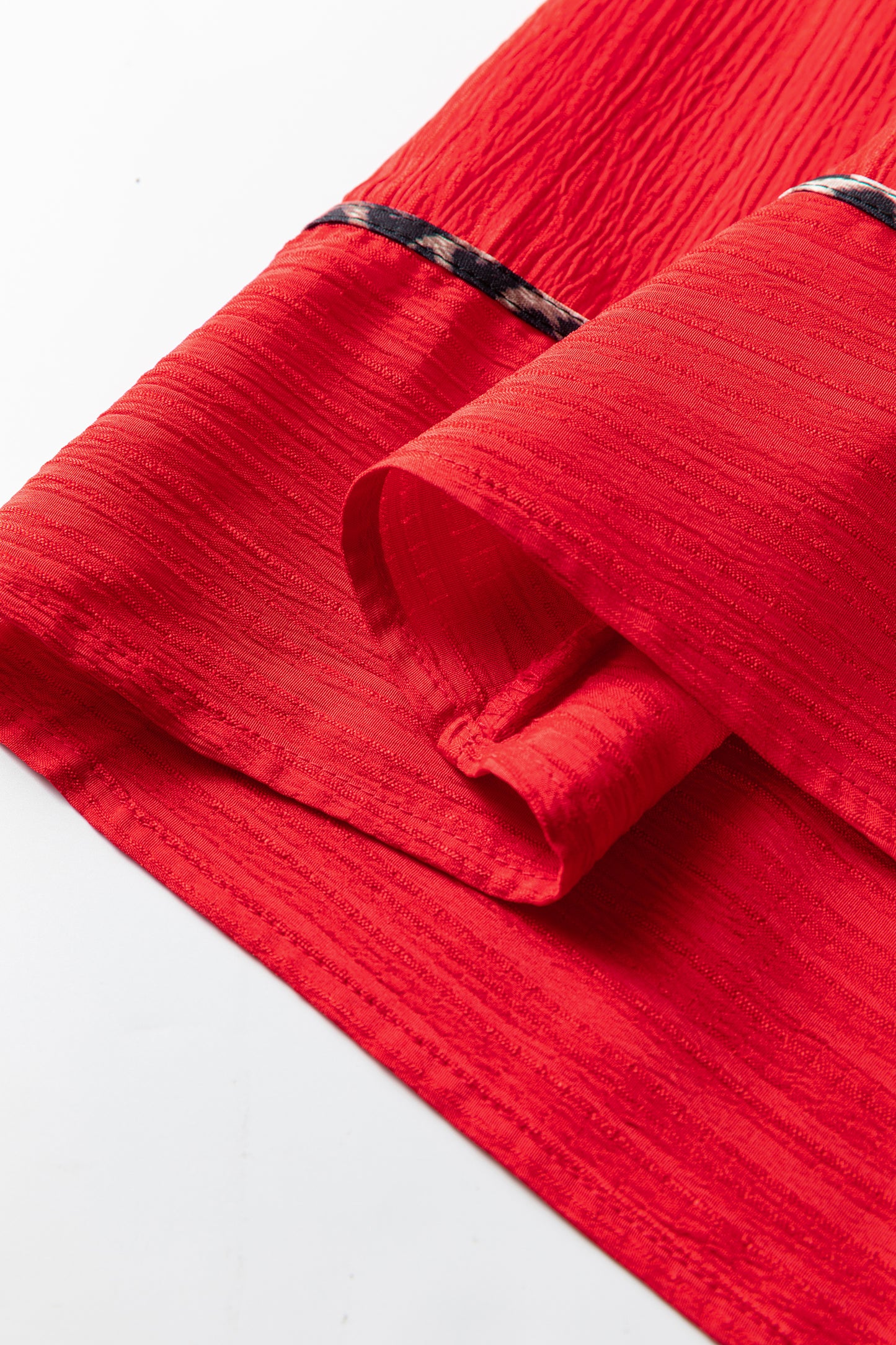 Fiery Red Textured V Neck Leopard Contrasted Trim Long Sleeve Shift Mini Dress