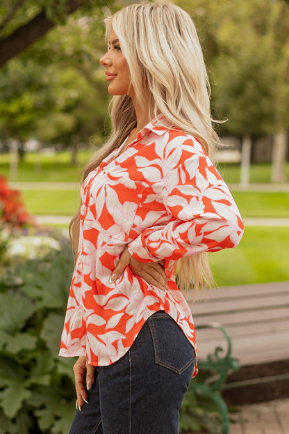 Orange Botanical Print Single Chest Pocket Button Up Shirt