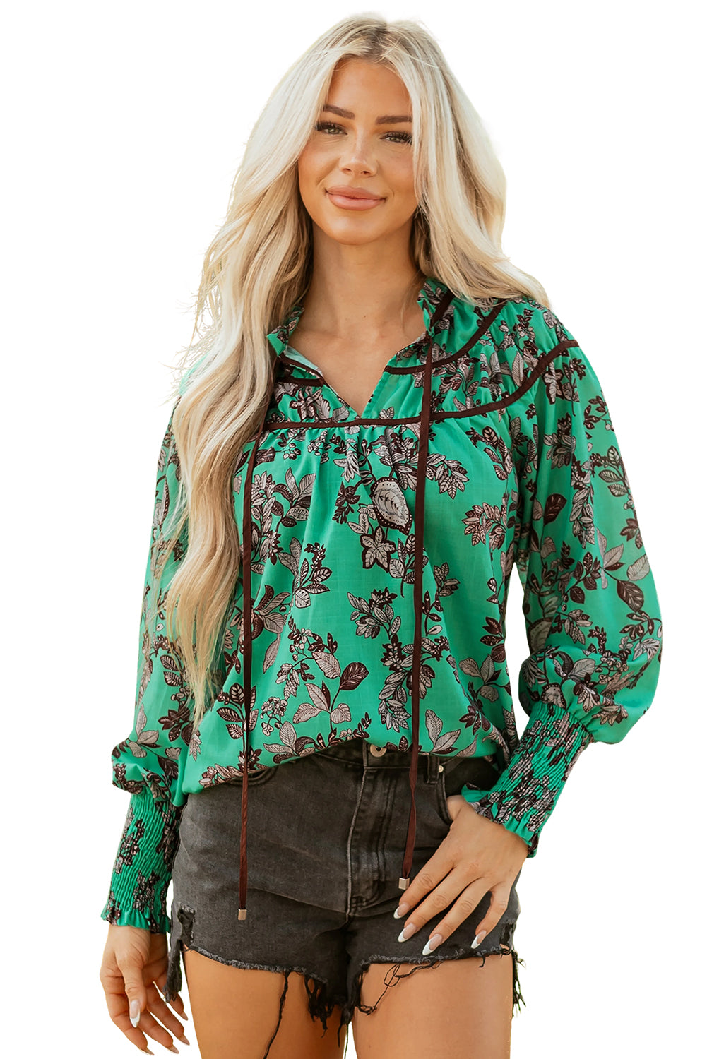 Green Leaves Print Contrast Trim V Neck Shirred Puff Sleeve Blouse