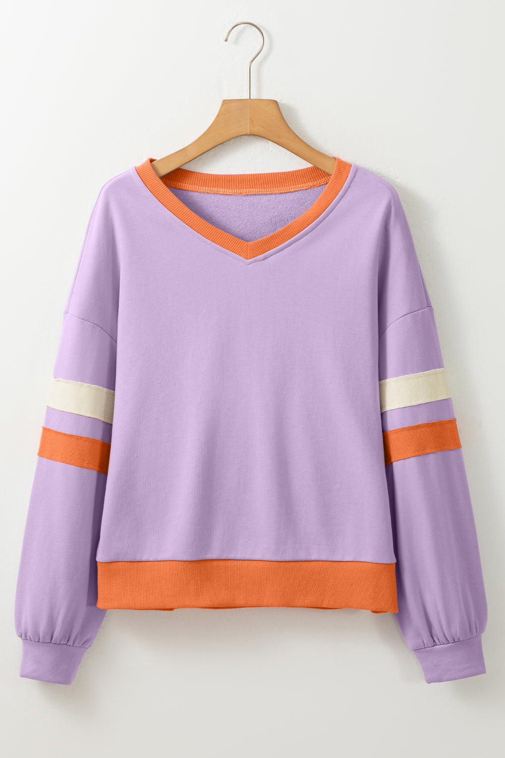 Orchid Bouquet Kontrast Rippstrick Patchwork Überschnittene Schultern V-Ausschnitt Sweatshirt