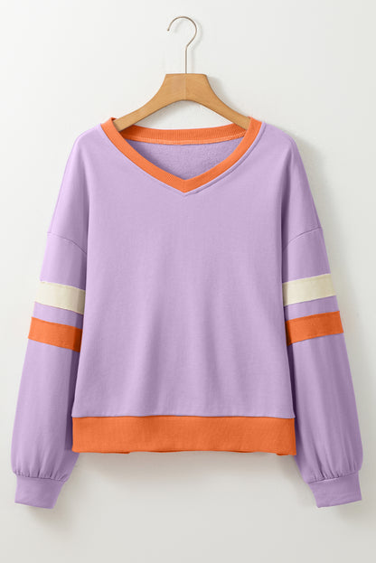 Orchid Bouquet Kontrast Rippstrick Patchwork Überschnittene Schultern V-Ausschnitt Sweatshirt