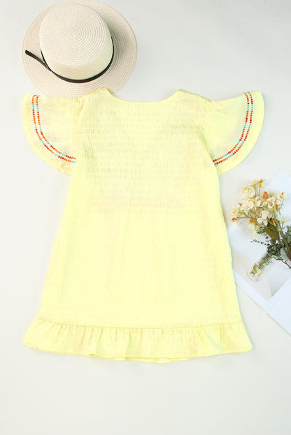Yellow Geometric Embroidery Textured Top with Ruffles
