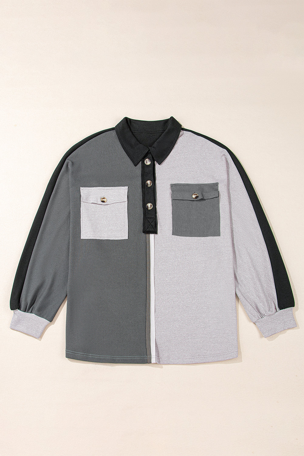 Graues Oversize-Sweatshirt mit geripptem Kragen und Farbblockdesign