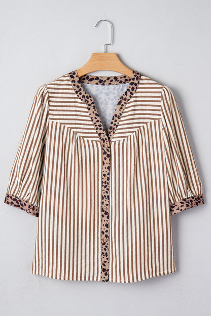 Brown Stripe Leopard Trim V Neck Button Down Half Sleeve Shirt