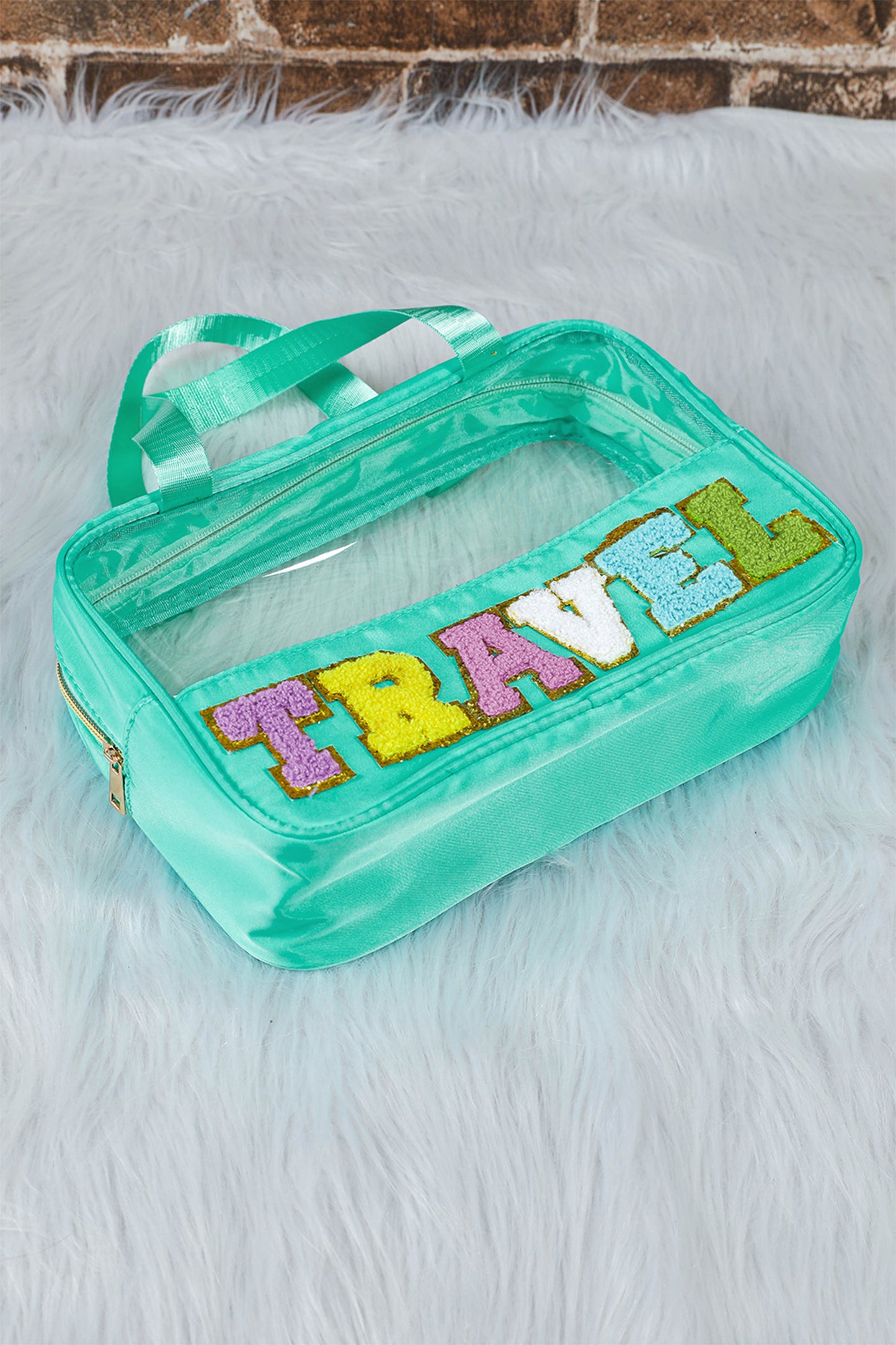 Mintgrüne Kosmetiktasche „TRAVEL“ aus Chenille mit Buchstaben, transparent, PVC