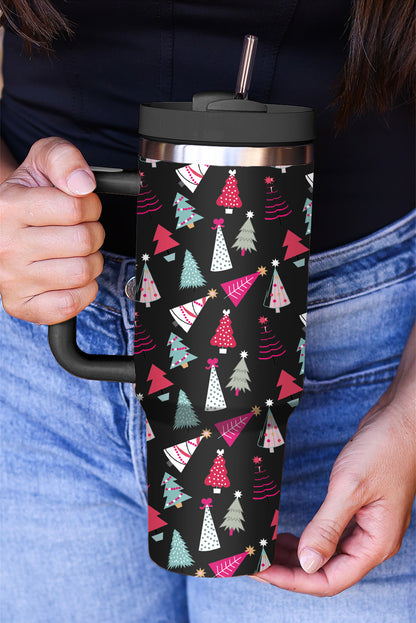 Schwarzer Thermobecher mit Cartoon-Weihnachtsbaum-Aufdruck, 1,2 l