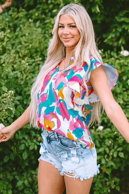 Mehrfarbige Bluse mit abstraktem Print, gekerbtem Ausschnitt und flatternden Ärmeln
