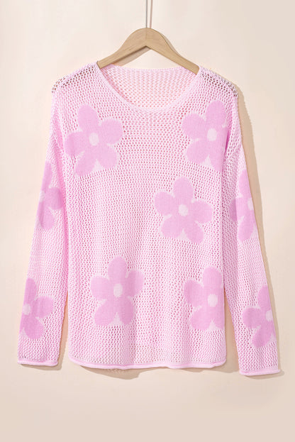 Hellrosa Strickpullover mit großer Blume und tief angesetzter Schulterpartie