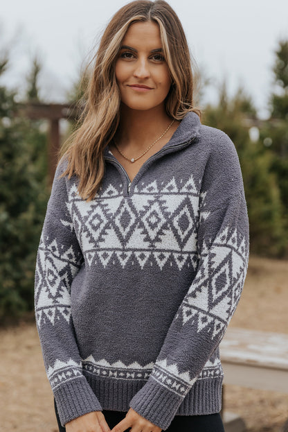 Grauer Pullover mit Viertelreißverschluss und geometrischem Western-Print