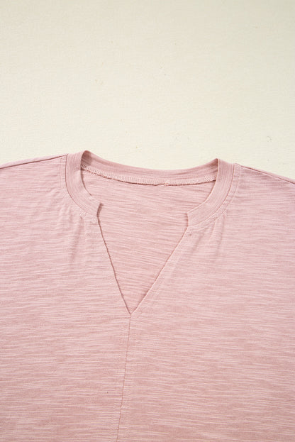 Light Pink Keyhole Notch V Neck Batwing Sleeve Blouse