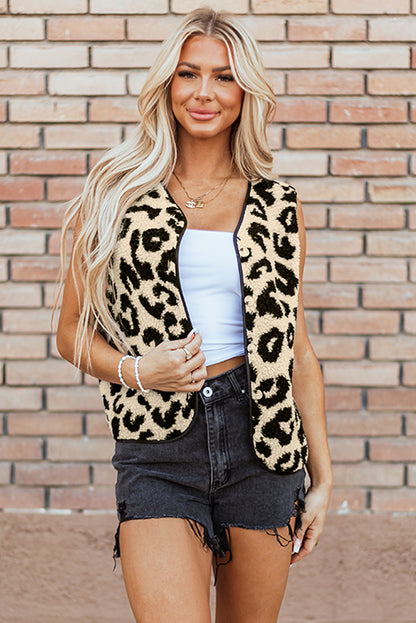 Schwarzer Sherpa-Westenmantel mit Leopardenmuster