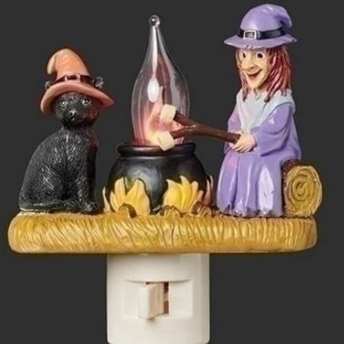 Halloween Katze und Hexe Lagerfeuer Nachtlicht