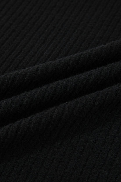 Black Ribbed Zip Stand Neck Drop Shoulder Pullover Bodycon Skirt 2pcs Set