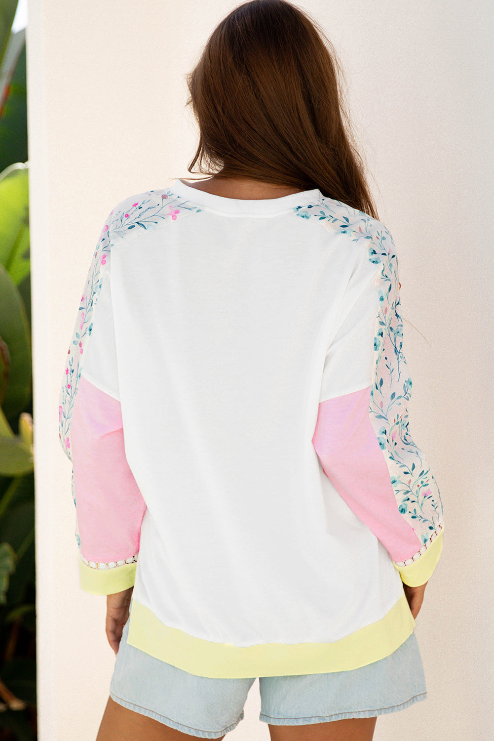 White Floral Colorblock Patchwork Chest Pocket Notched Neck Long Sleeve Top