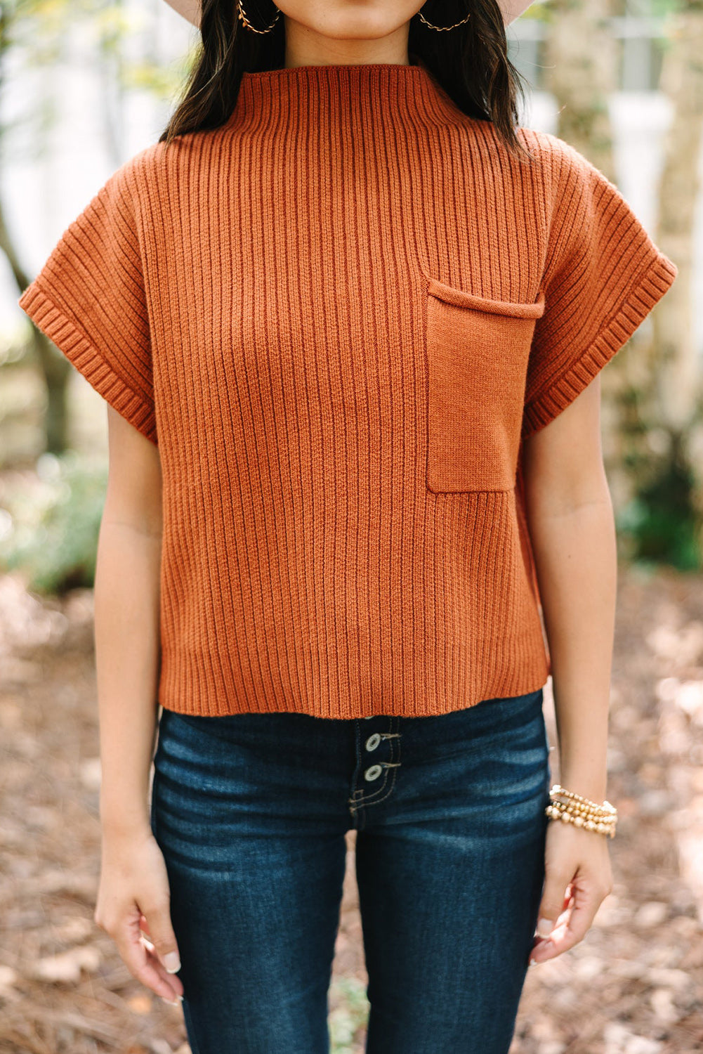 Gold Flame Patch Pocket Rippstrick-Kurzarmpullover