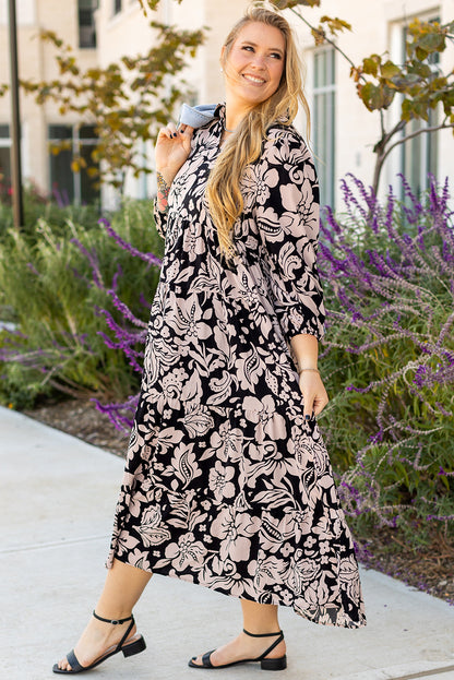 Schwarzes Maxikleid mit Blumenmuster und Kragen in Übergröße