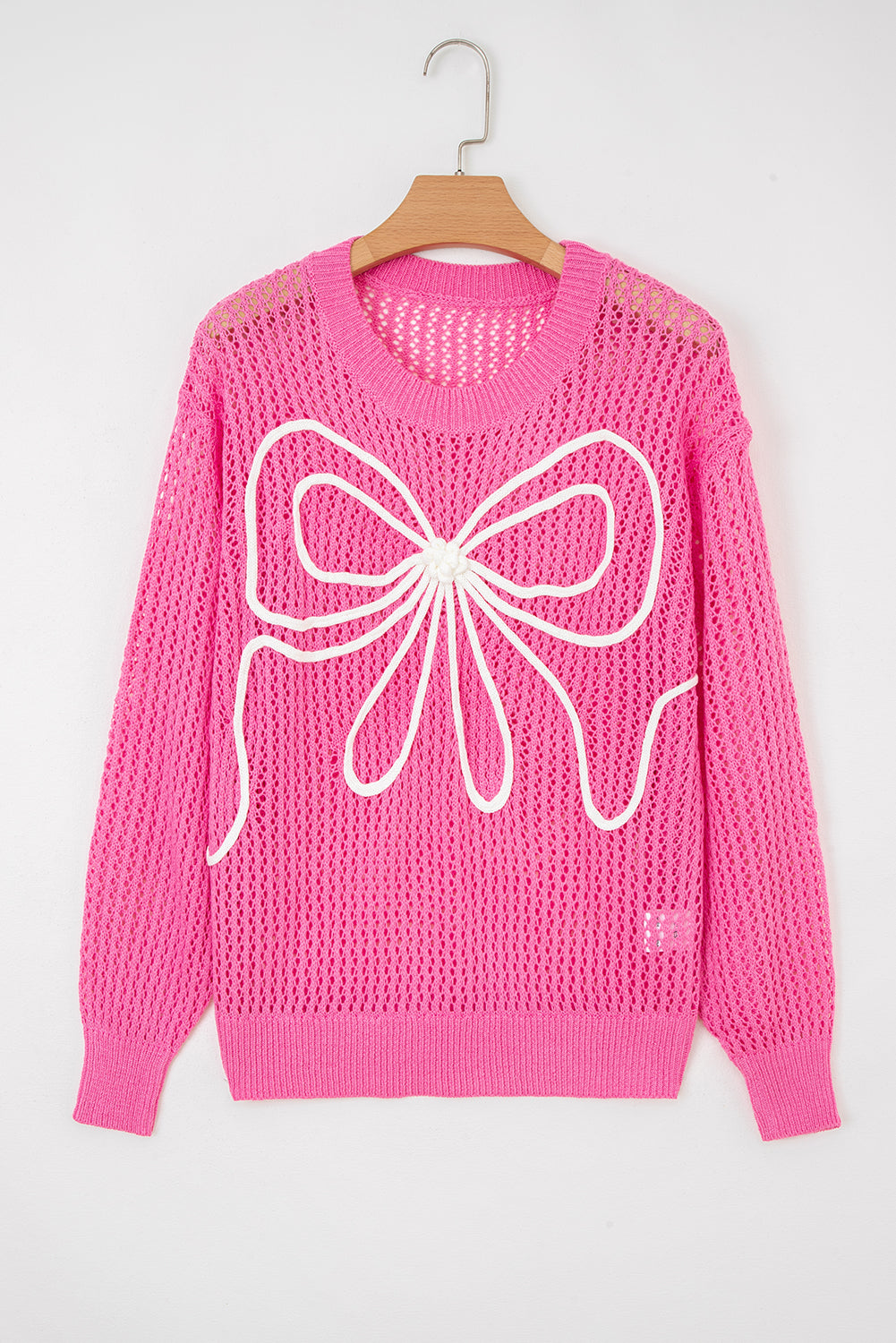 Sachet Pink Sweet Bow Decor Hollow Out Knitted Drop Shoulder Sweater