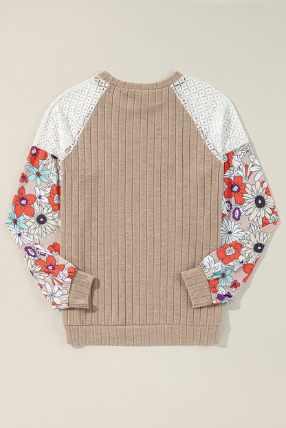 Langärmlige gerippte Bluse mit Patchwork-Muster und Blumenmuster