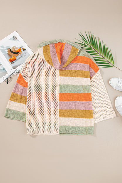 Beigefarbener Oversize-Kapuzenpullover mit Farbblockdesign und V-Ausschnitt