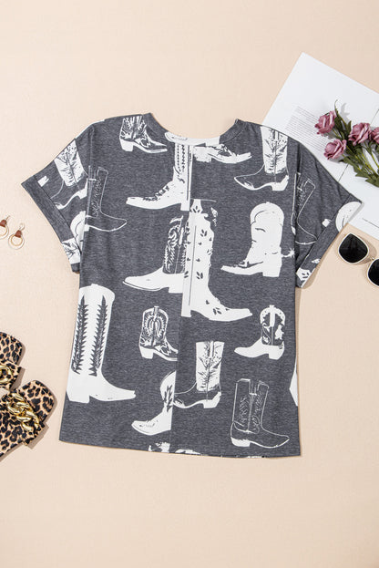 Graues T-Shirt mit Rundhalsausschnitt und Westernstiefel-Print in Übergröße
