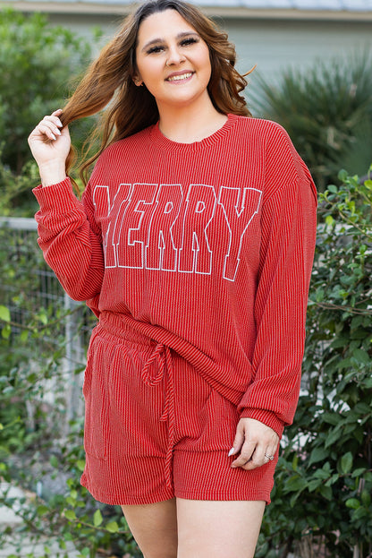 Racing Red MERRY Rippstrick-Set mit langen Ärmeln und Schnürung in der Taille in Übergröße