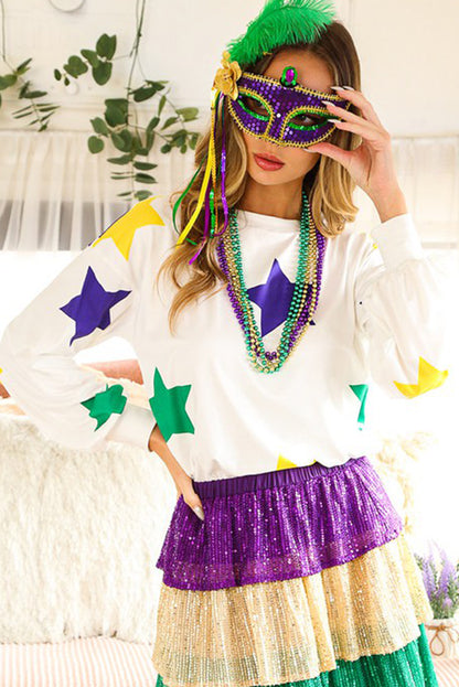 Weißes Langarmtop mit Mardi Gras-Stern-Aufdruck