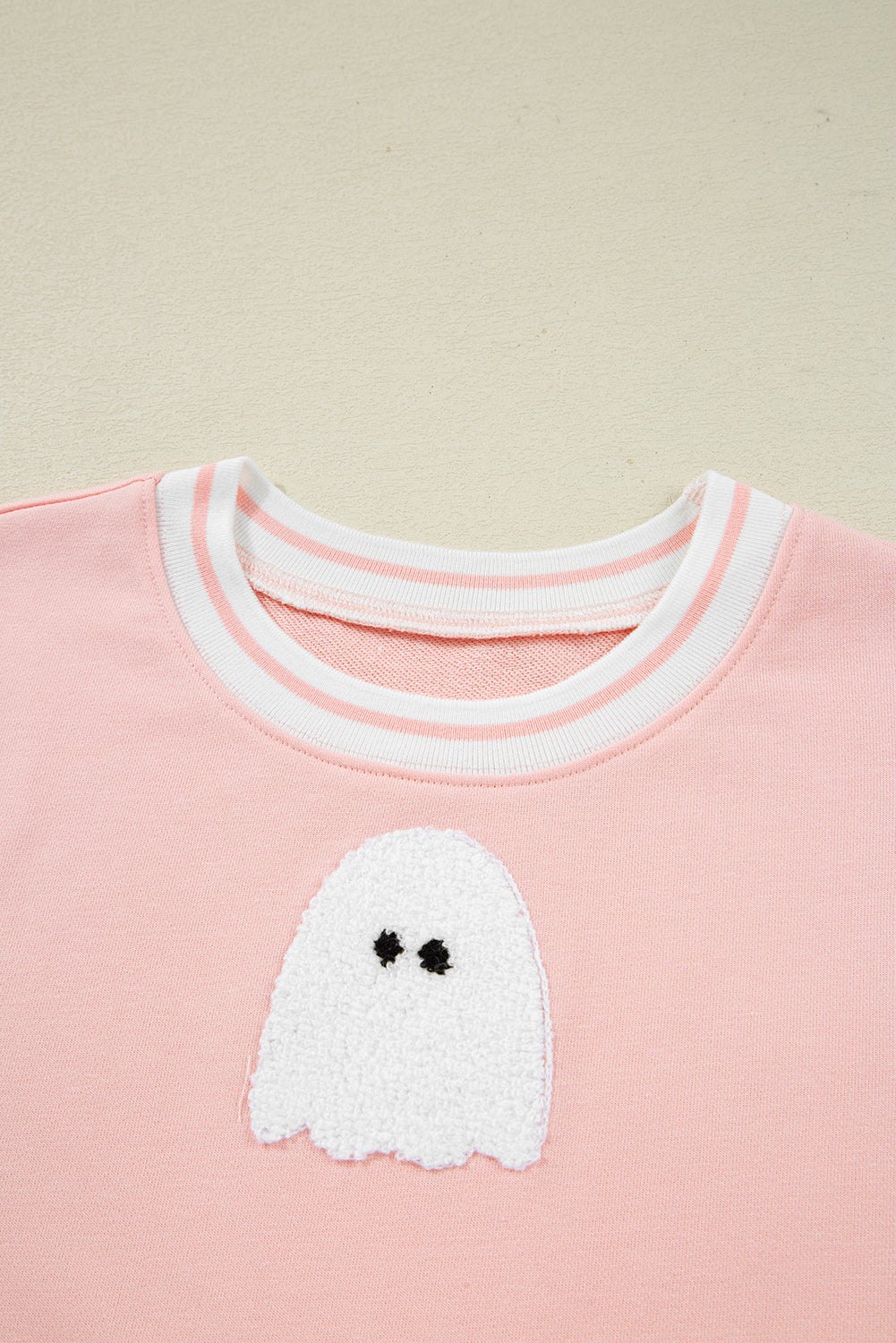 Gossamer Pink Halloween Terry Ghost Striped Trim Loose Sweatshirt