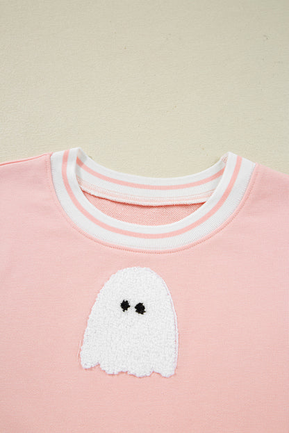Gossamer Pink Halloween Terry Ghost Striped Trim Loose Sweatshirt