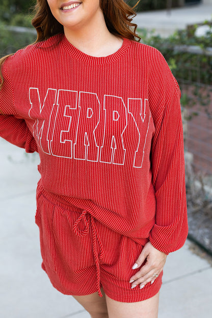 Racing Red MERRY Rippstrick-Set mit langen Ärmeln und Schnürung in der Taille in Übergröße
