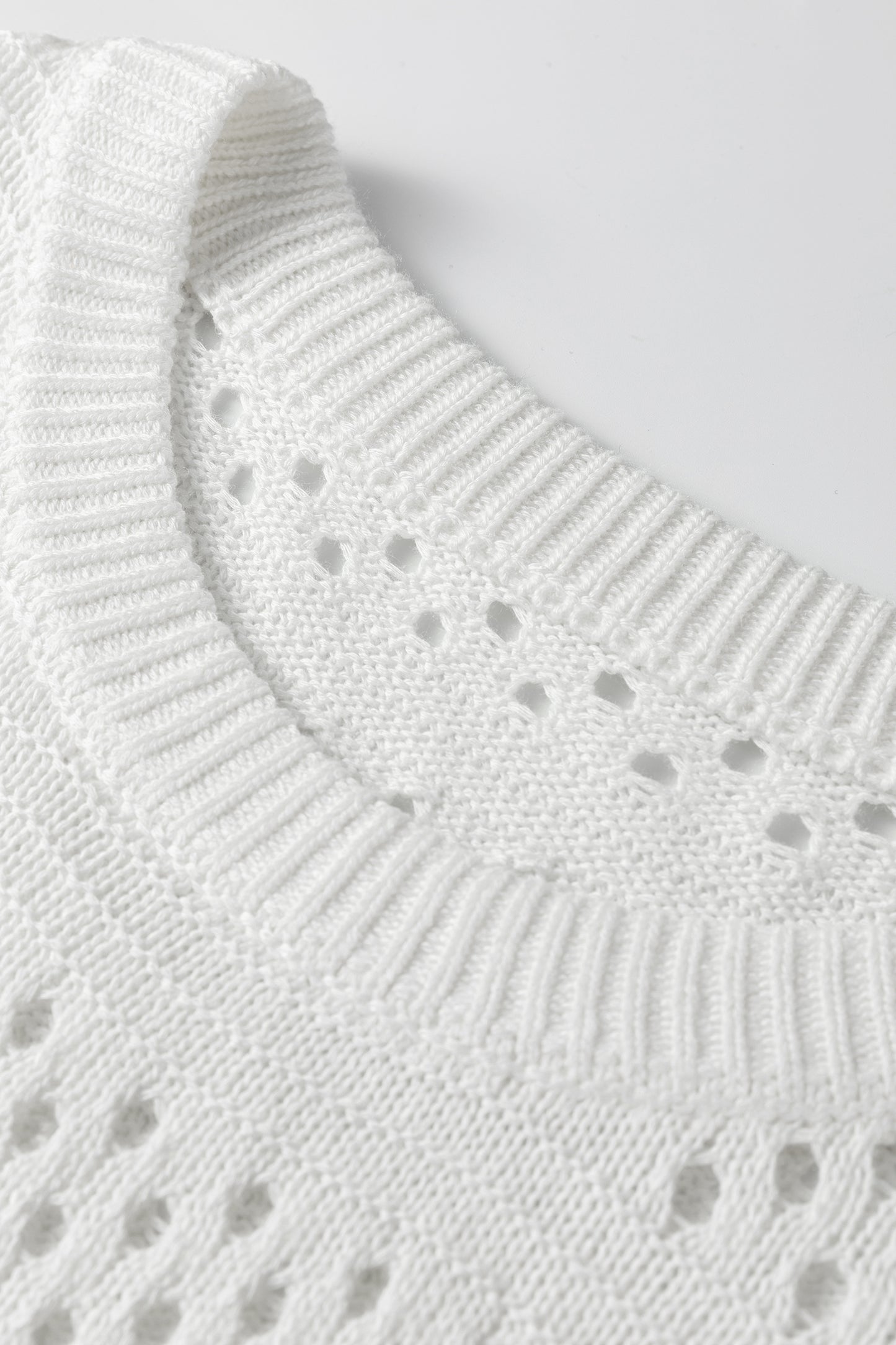 White Hollow Out Knit Round Neck Dolman Sweater
